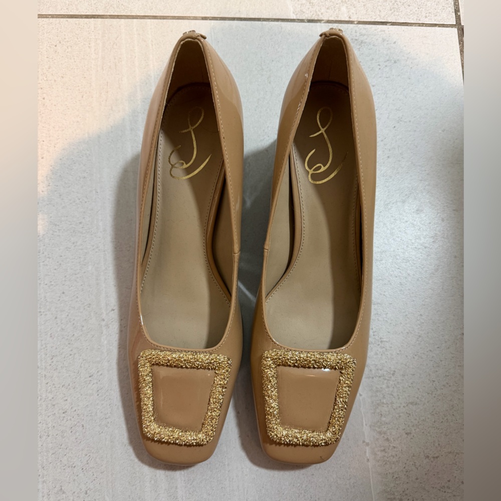 Tan Square-Toe Flats with Gold Buckle